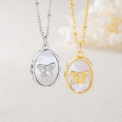 Personalized 1-2 Photos Butterfly Shell Oval Locket Necklace, Dainty Picture Jewelry, Birthday/Anniversary/Memorial Gift for Her/Mom/Family/Pet Lovers