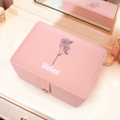 Custom Birth Flower & Name Travel Makeup Box, Multi-functional Makeup Mirror Box, Jewelry/Cosmetics Storage Box, Birthday Gift for Her