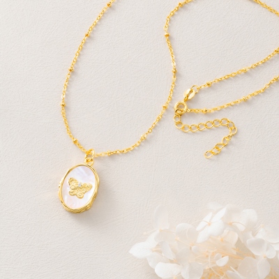 Personalized 1-2 Photos Butterfly Shell Oval Locket Necklace, Dainty Picture Jewelry, Birthday/Anniversary/Memorial Gift for Her/Mom/Family/Pet Lovers