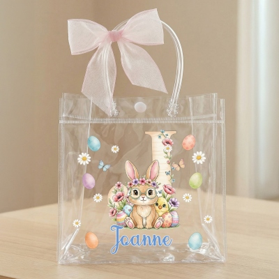 Personalized Name Floral Bunny Alphabet Easter Gift Bag with Pink Bow Ribbon, PVC Clear Easter Egg Hunt Bag, Easter Gift for Kids/Girls/Boys
