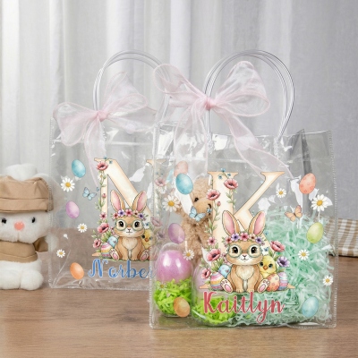 Personalized Name Floral Bunny Alphabet Easter Gift Bag with Pink Bow Ribbon, PVC Clear Easter Egg Hunt Bag, Easter Gift for Kids/Girls/Boys